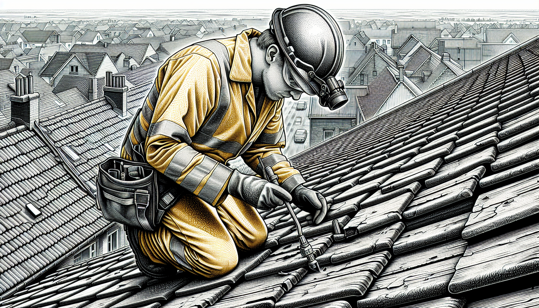 A professional inspecting a roof with a tool