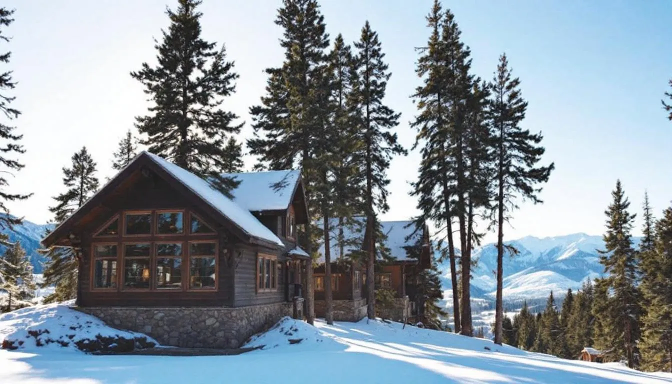 An exterior view of Cedar Breaks Lodge, surrounded by tall pine trees, showcases the rustic architecture of the lodge against a backdrop of majestic snow-capped mountains, typical of Brian Head, Utah. This serene location is perfect for guests looking to enjoy the nearby Brian Head Ski Resort and Cedar Breaks National Monument.