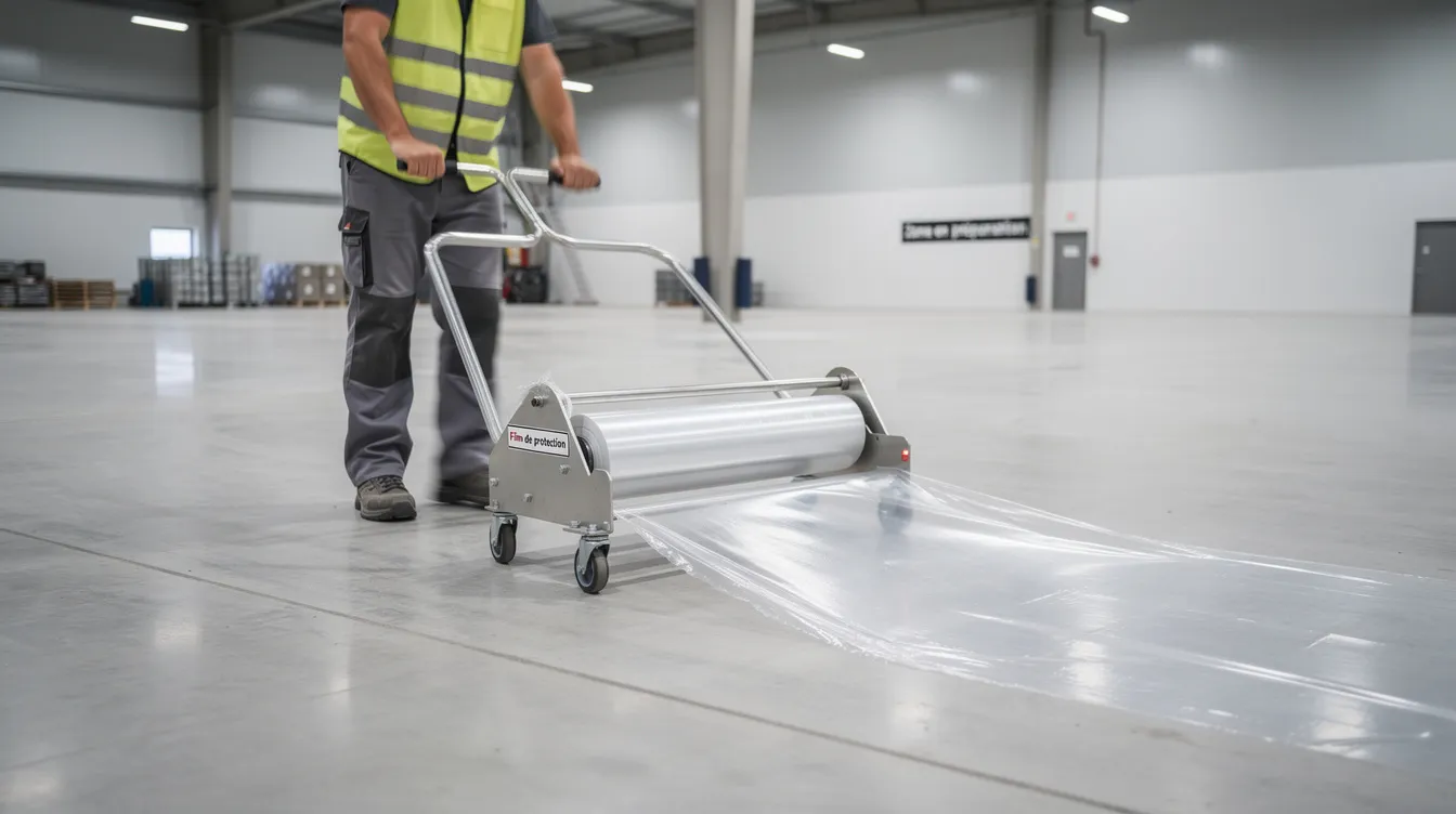 Un applicateur manuel déroule un film de protection sur le sol d'un hall, préservant ainsi les moquettes et les surfaces des salissures et des résidus pendant les travaux de construction. Ce film de protection est essentiel pour garantir la sécurité et la propreté durant la rénovation de la pièce.