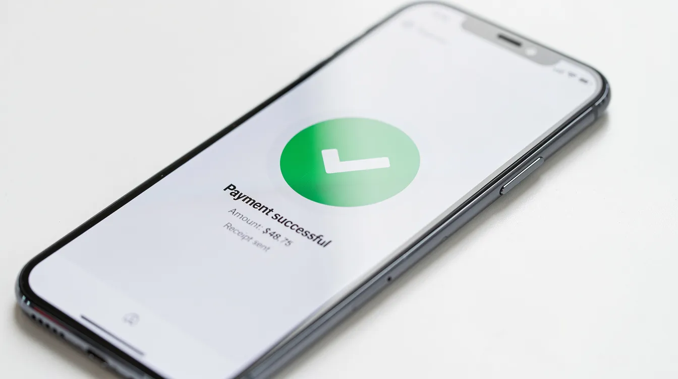 A close-up of a smartphone screen displays a green checkmark notification indicating a successful payment transaction. This signifies a secure and convenient money transfer, possibly through services like Allied Bank for sending money internationally.