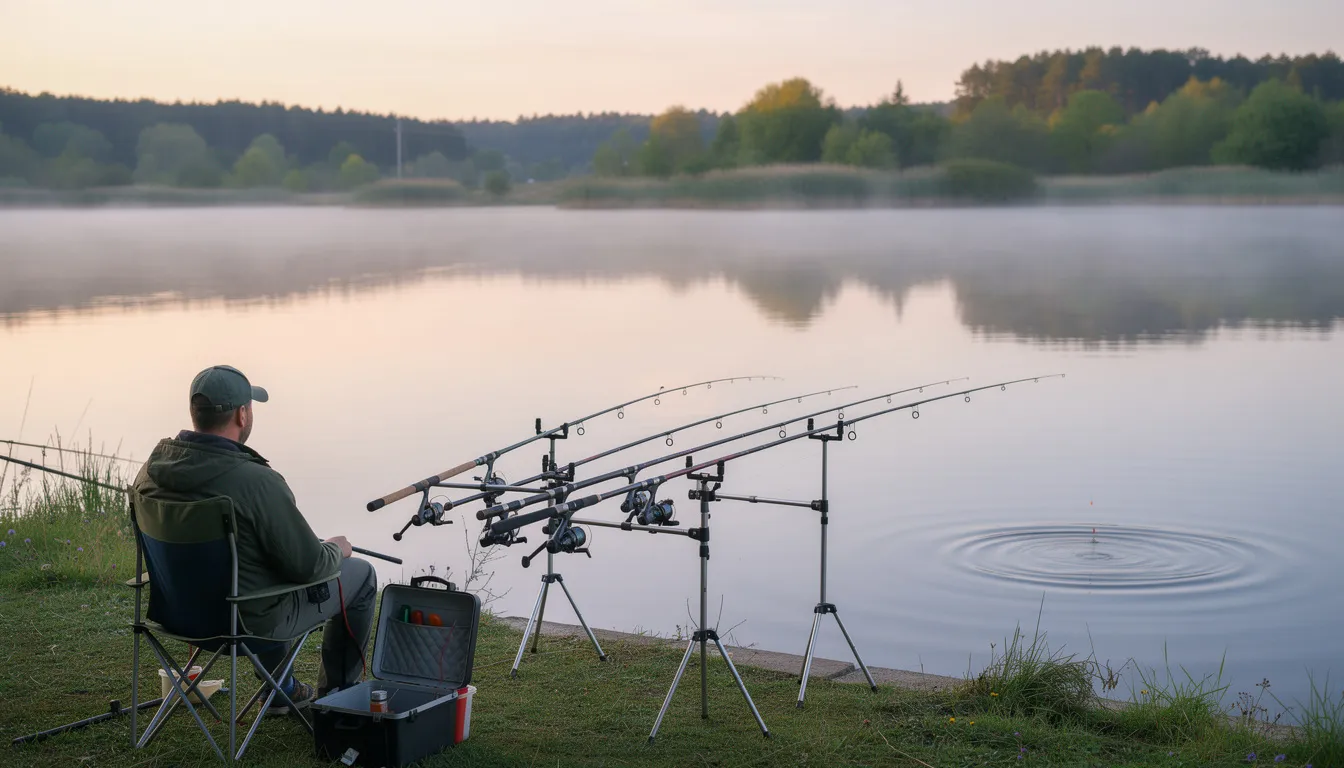 Na zdjęciu wędkarz siedzi nad jeziorem, gdzie rozstawione są wędki karpiowe na stojakach, a w tle widać spokojną wodę i drzewa. Wędkarz korzysta z metody włosowej, przygotowując zestaw do łowienia ryb, co sugeruje, że może być zainteresowany połowem karpi.