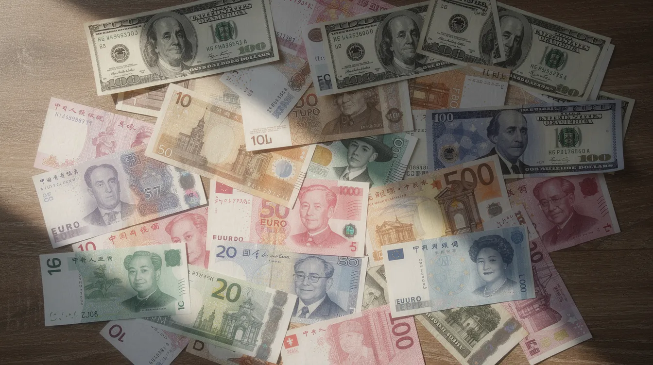 The image features an array of international currency notes from various countries laid out on a table, showcasing the diversity of money used in global transactions. This visual representation highlights the importance of understanding exchange rates and the process of international money transfer, especially for services offered by financial institutions like Dubai Islamic Bank.