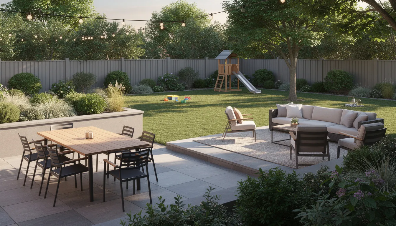 The image depicts a beautifully designed residential backyard, featuring a dining patio with a table and chairs, a cozy lounge area with outdoor furniture, and a grassy play space, all contributing to an inviting outdoor space for family and friends. This landscape design showcases various elements that enhance the backyard experience, making it a perfect inspiration for homeowners looking to create their dream garden.