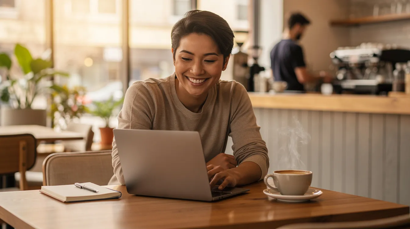 A small business owner is smiling while working on a laptop in a cozy cafe, representing the supportive environment for 中小企業. The scene conveys a sense of productivity and connection to the latest business information.