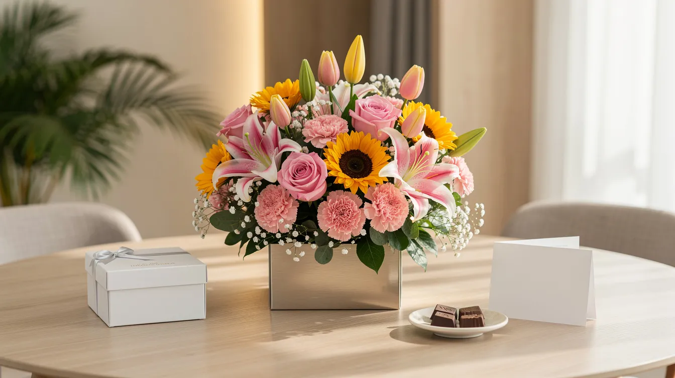 A beautifully arranged Mother’s Day bouquet featuring pink roses, pink carnations, bright sunflowers, Stargazer lilies, tulips, and baby’s breath sits on an elegant table, complemented by a small cake box and chocolates, all bathed in warm natural light. This stunning bouquet, meticulously crafted by expert florists, captures the joy and gratitude of celebrating wonderful mothers in the Philippines.