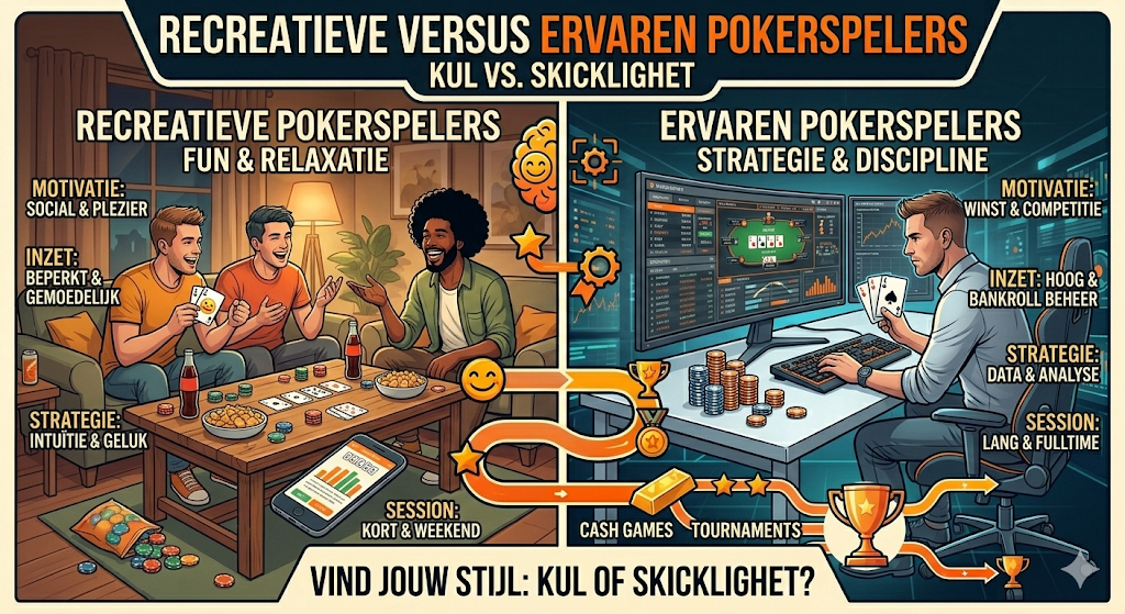 Infographic die het verschil toont tussen recreatieve pokerspelers en ervaren pokerspelers, met focus op motivatie, strategie, bankrollbeheer en speelstijl bij online poker.