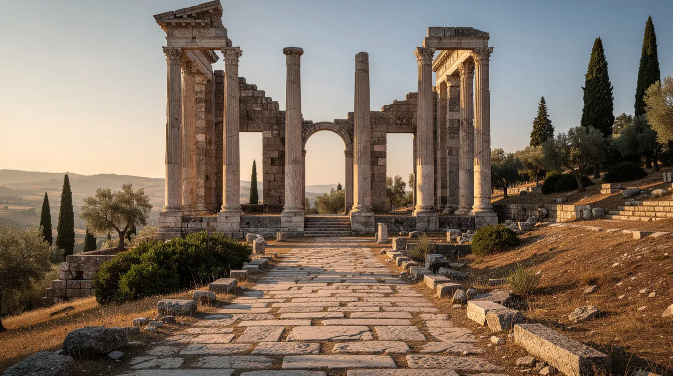 The image depicts well-preserved ancient Roman ruins, featuring tall columns and stone pathways, set against a picturesque Mediterranean landscape. These remnants of the ancient city of Ephesus, a UNESCO World Heritage site, highlight the architectural grandeur of the Roman Empire amidst the natural wonders of Turkey's Aegean coast.