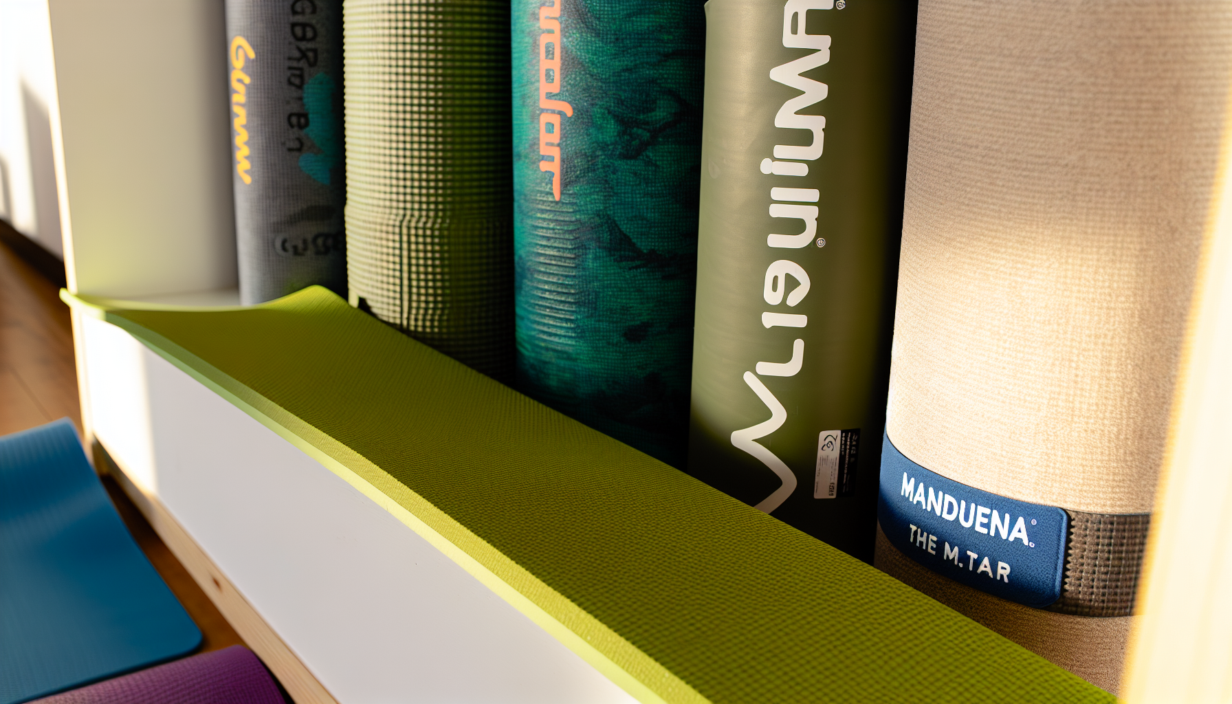 Various yoga mats displayed in a row