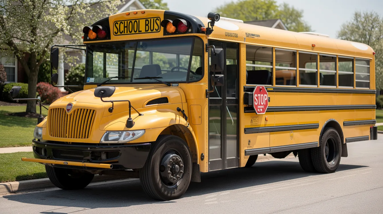 MDVR Systems Explained: The image features a yellow school bus equipped with small cameras positioned near the mirrors and door, highlighting its mobile digital video recorder (MDVR) system designed for fleet management. These external cameras enhance vehicle safety and driver behavior monitoring by providing clear video footage for real-time monitoring and accident investigation.