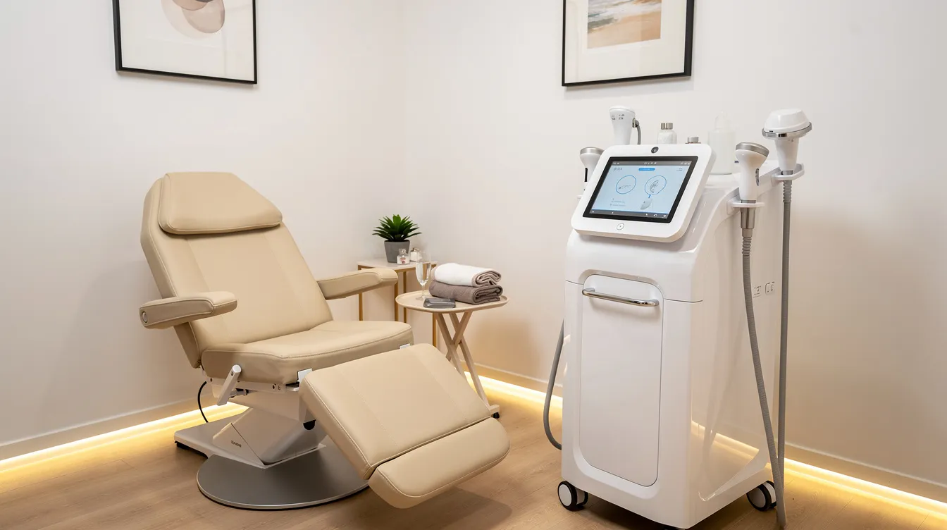 The image depicts a modern medspa treatment room equipped with advanced body contouring machines designed for targeted fat reduction, featuring comfortable seating for patients. The space is designed to facilitate non-invasive procedures aimed at eliminating stubborn fat deposits and enhancing muscle definition for a more sculpted appearance.