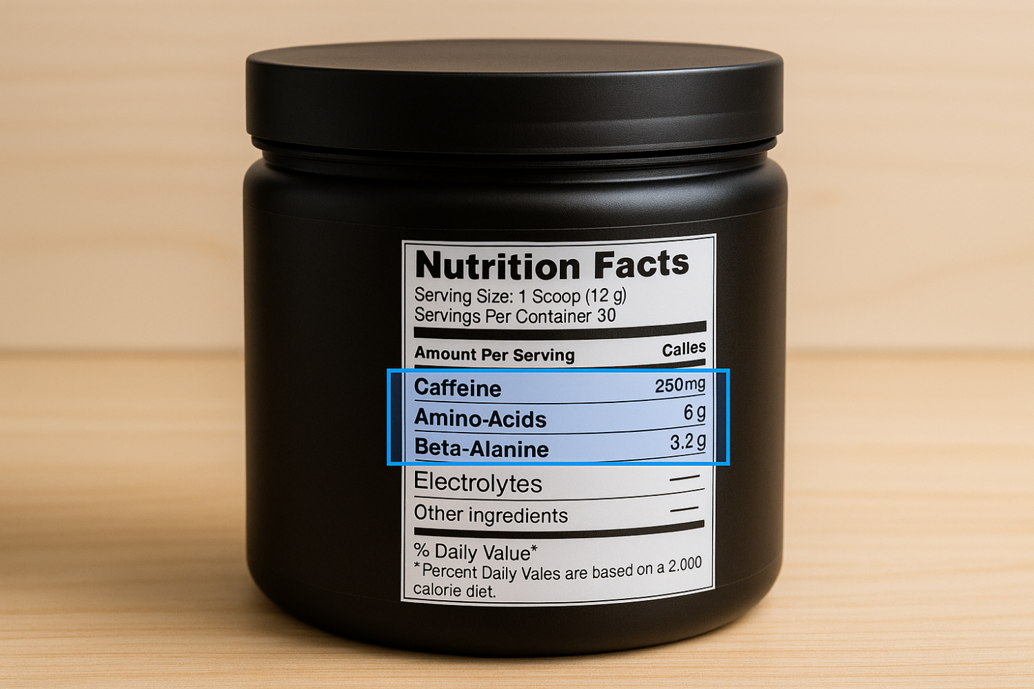 A shot of a pre-workout powder container with a nutrition facts label highlighted.