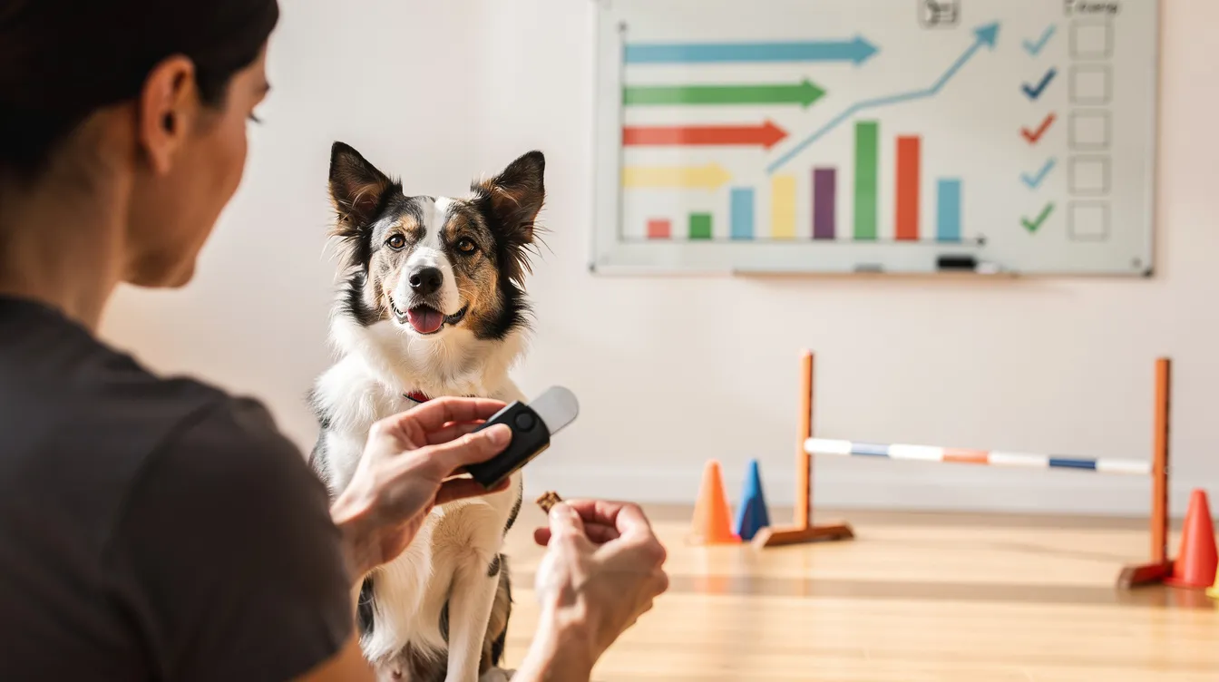 The image depicts a professional dog trainer using a clicker during a training session with a dog, showcasing the precise timing of positive reinforcement as the dog performs a desired behavior, such as sitting. This scene illustrates the effectiveness of clicker training in enhancing training efficiency and timeline improvements for achieving good behavior in dogs.