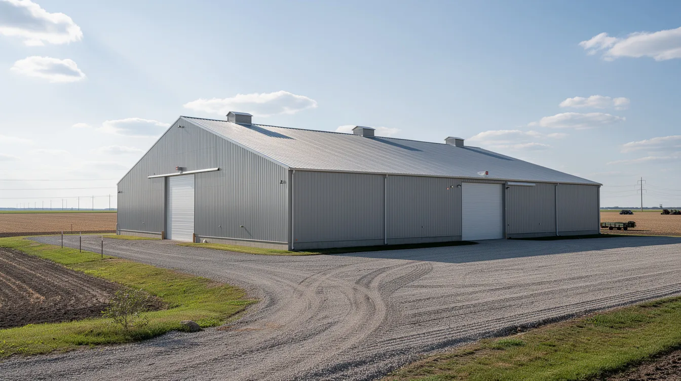 0483ced0 6f66 40e0 8c5c 5aa5e788617a The image depicts a large, modern grain storage warehouse with a steel roof, situated in a rural agricultural area. This facility represents essential agriculture infrastructure, contributing to food security and the scientific storage capacity needed for agricultural produce in India.