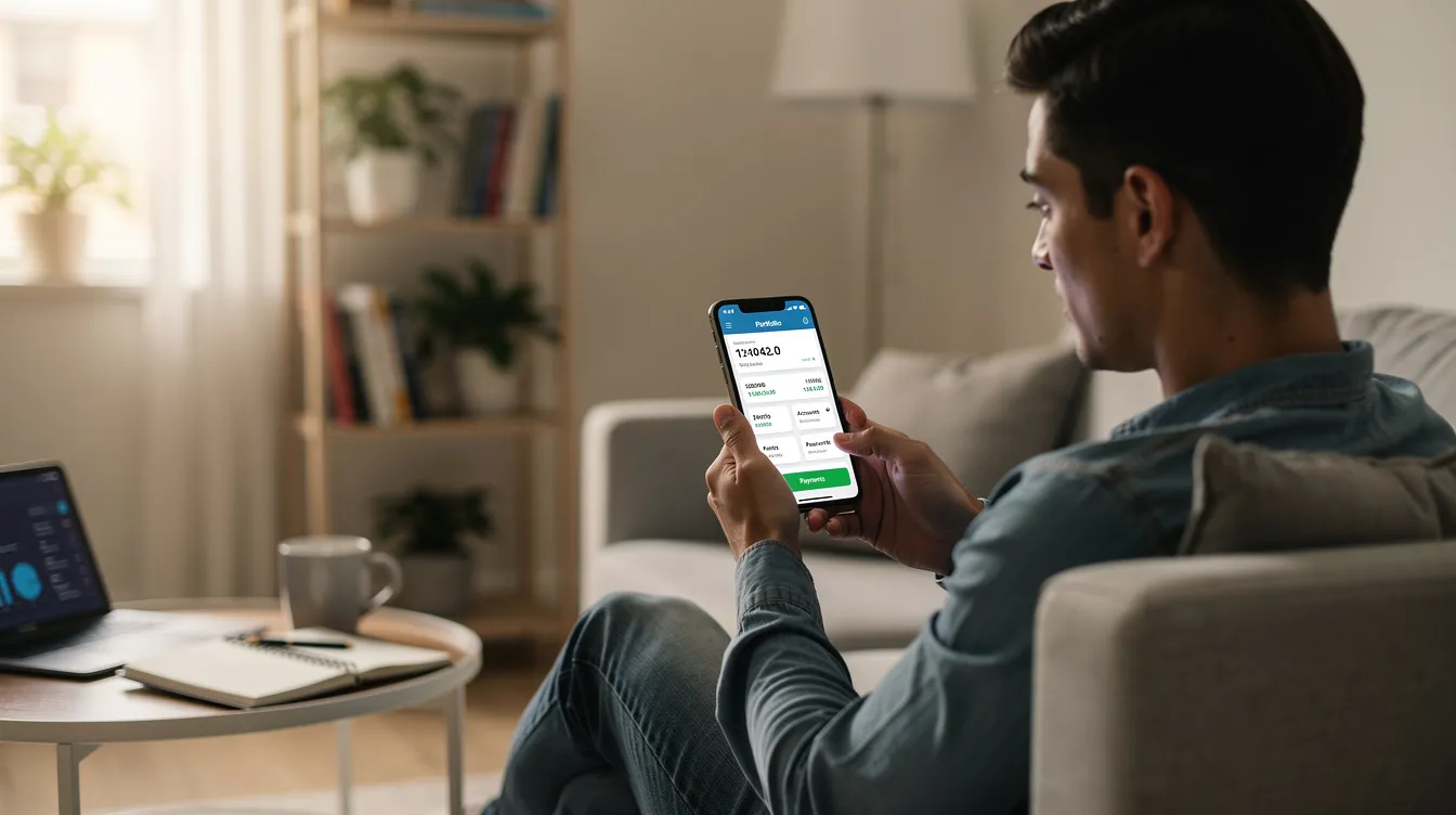 A person is sitting comfortably at home, using a smartphone to browse various financial services, including options for 免 tu 貸款 and私人 貸款. The screen displays information about申請 免 tu 貸款, interest rates, and loan approval details.