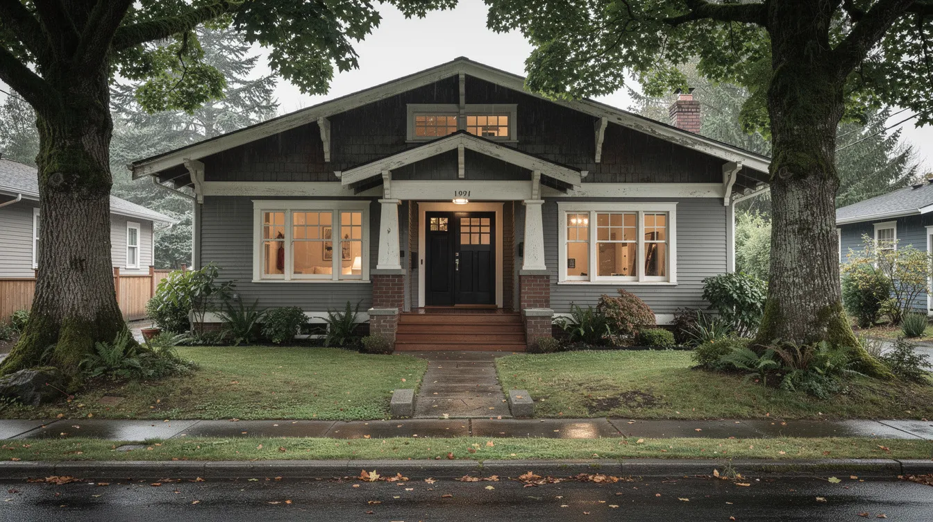 The image depicts an older craftsman-style home in Seattle, surrounded by large mature trees in the front yard, creating a serene and inviting atmosphere. The charming architecture of the house is complemented by the lush greenery, suggesting a well-maintained property that could benefit from preventative measures to avoid issues like clogged drains and plumbing problems.