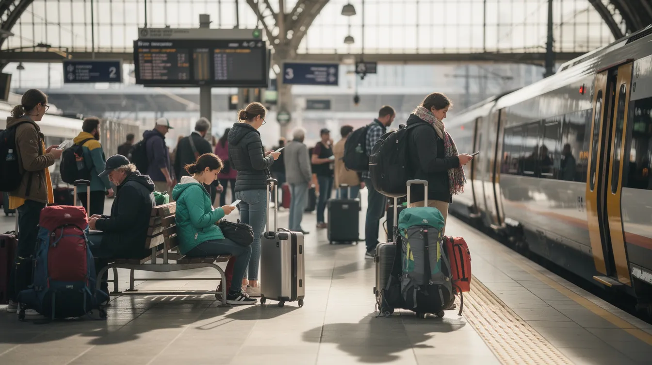 A group of passengers is waiting on a train station platform, surrounded by various luggage and backpacks, as they prepare for their journey to Glasgow Airport. The scene captures the anticipation of travel, with individuals checking their watches and looking towards the arriving trains.