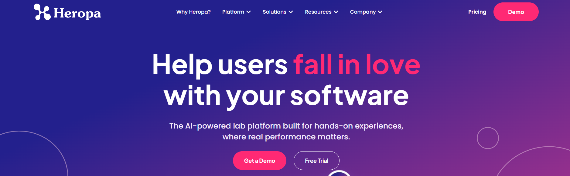 Heropa homepage featuring AI-powered virtual labs for hands-on software training, product onboarding, and interactive learning experiences.