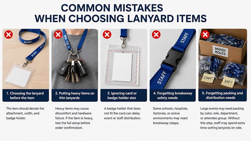 Common mistakes when choosing lanyard items, including wrong attachments, heavy items, badge holder size, breakaway safety, and packing issues.