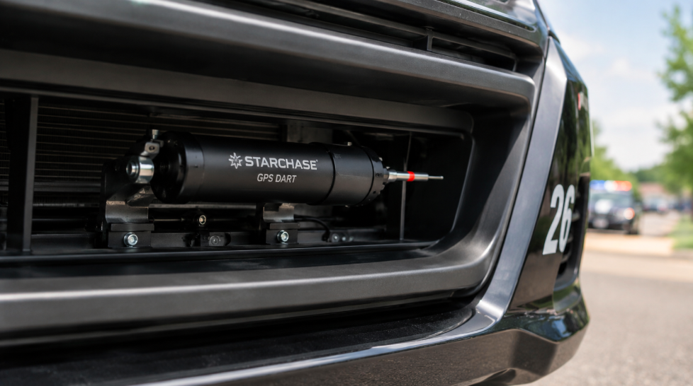 GPS dart launcher mounted on police patrol car front grill used to track fleeing vehicles and end high-speed pursuits