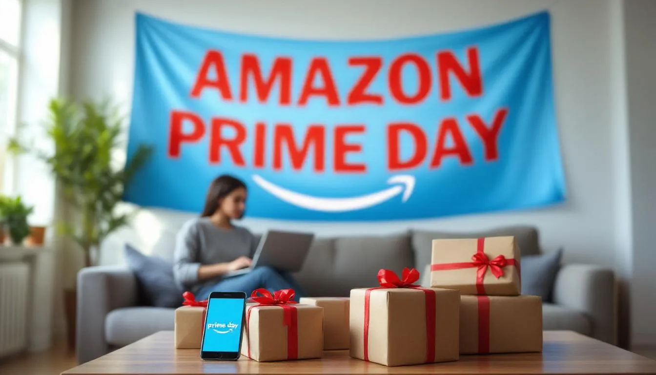 The image depicts a vibrant promotional banner for Amazon Prime Day, early prime day deals from your amazon store, best early