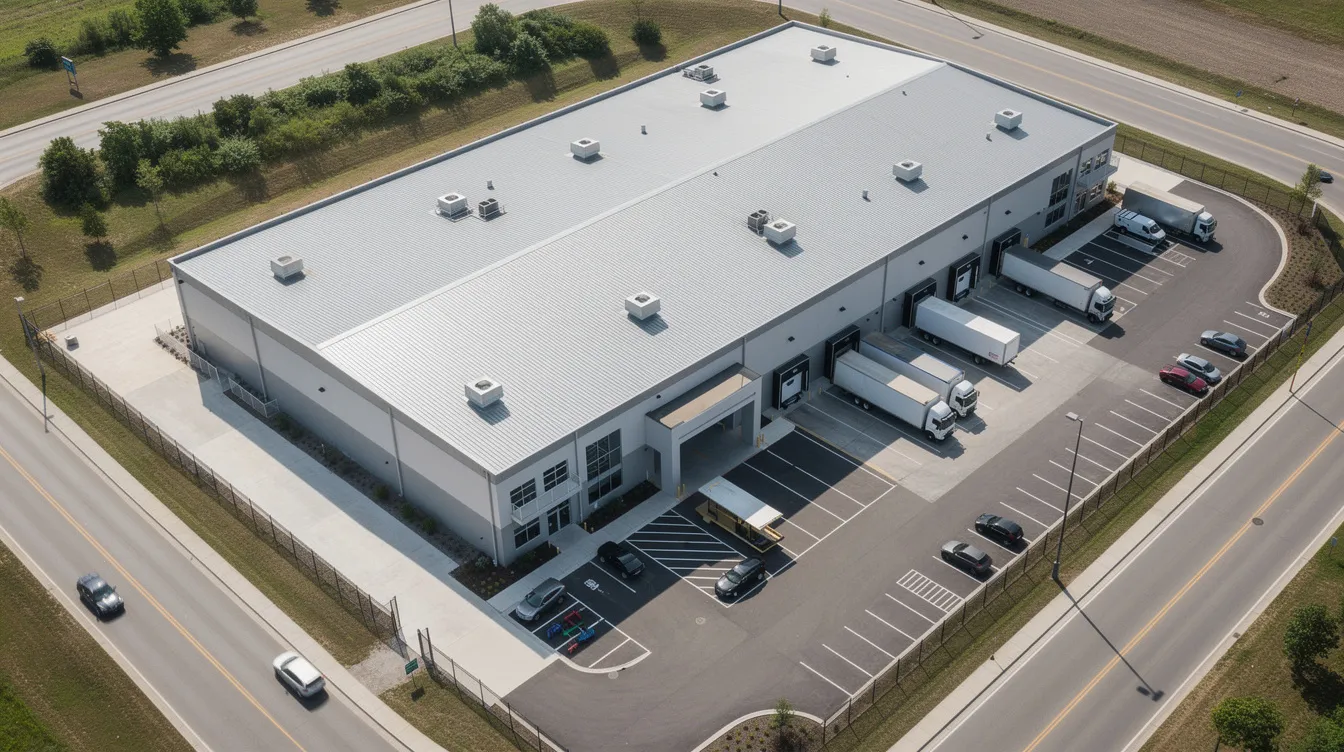 048b70fe dcd6 4f63 85ab 6ea7b3195691 An aerial view of a small industrial factory building showcases a loading area and parking space, highlighting its role as a poha manufacturing plant. The layout emphasizes efficiency in the production of flattened rice, with visible machinery and systems designed for quality control and processing.