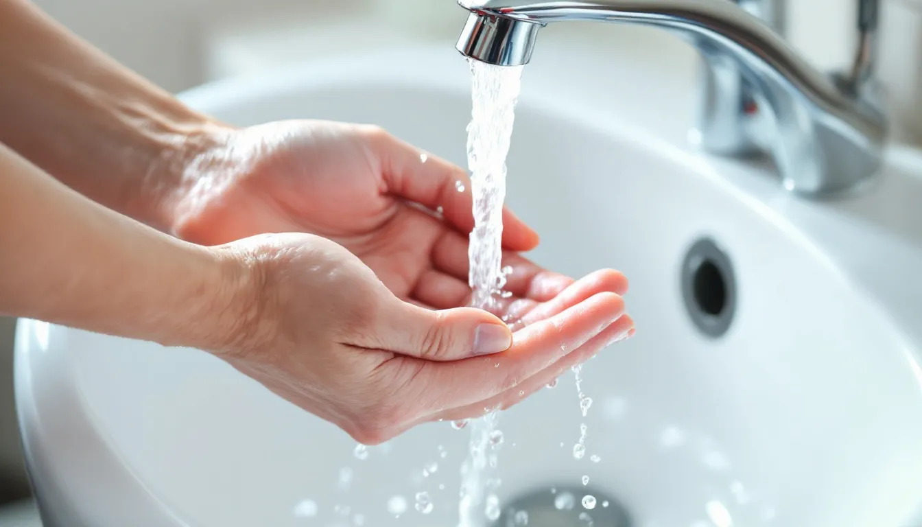 In the image, clean hands are being washed thoroughly under running water, showcasing proper hygiene practices essential for preventing parasitic infections. This act emphasizes the importance of maintaining a healthy diet and avoiding contaminated food and water to protect the immune system.