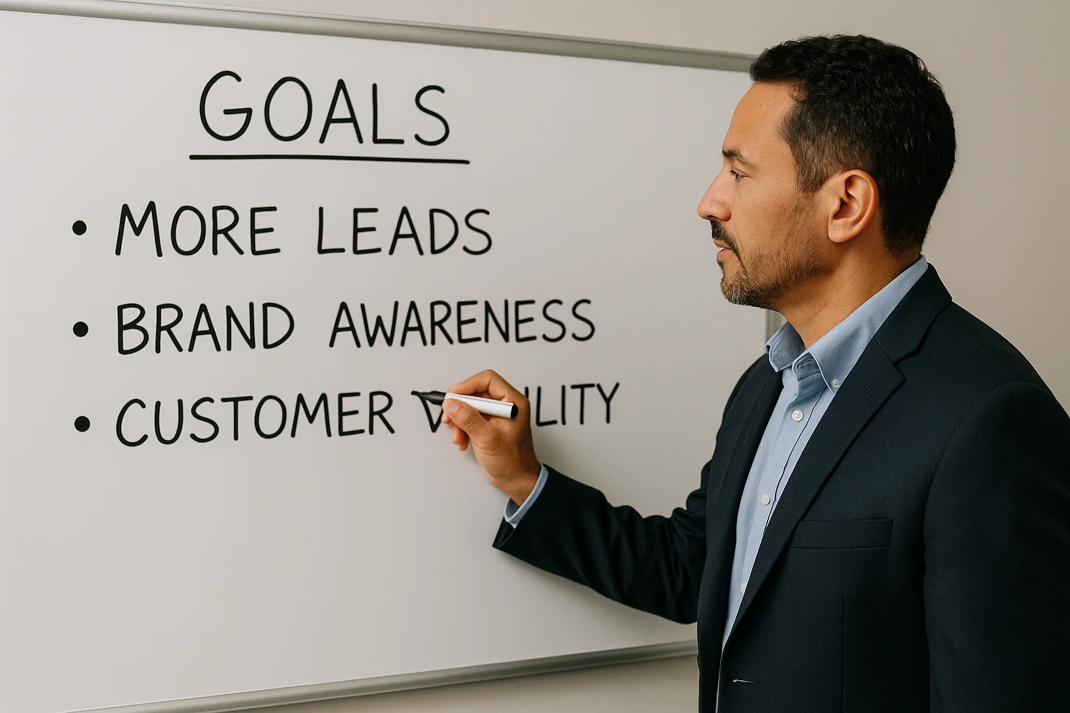 A business owner writing goals on a whiteboard with terms like “more leads,” “brand awareness,” and “customer visibility”