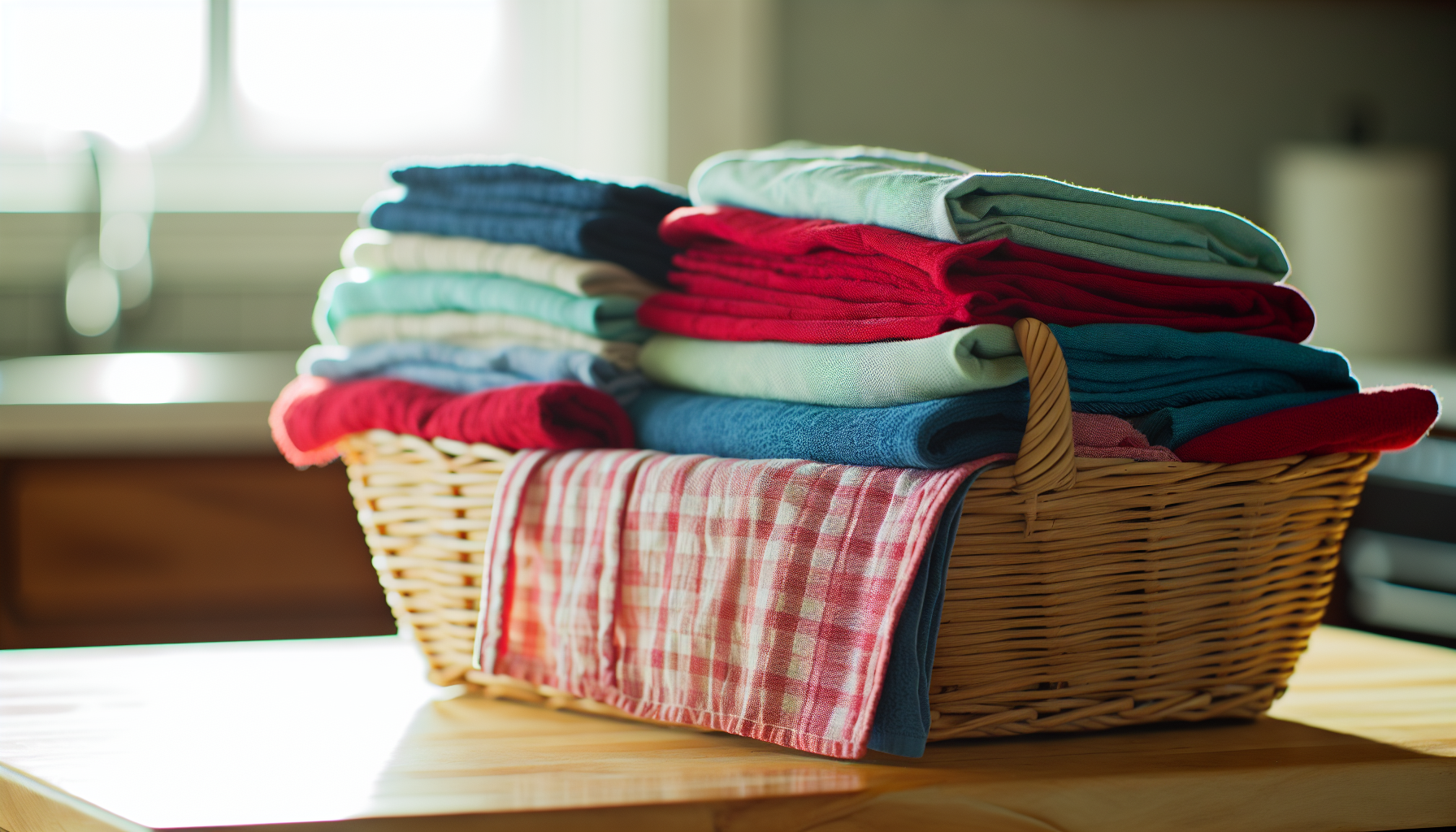 Kitchen towels neatly organized in a basket