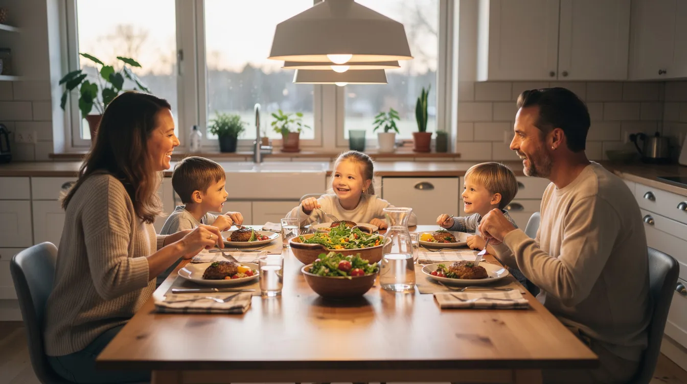 En familj sitter vid ett ljust matbord i köket och njuter av en gemensam middag. Bordet har en perfekt höjd för att skapa en bekväm matplats, och det finns tillräckligt med utrymme för benen under stolarna.