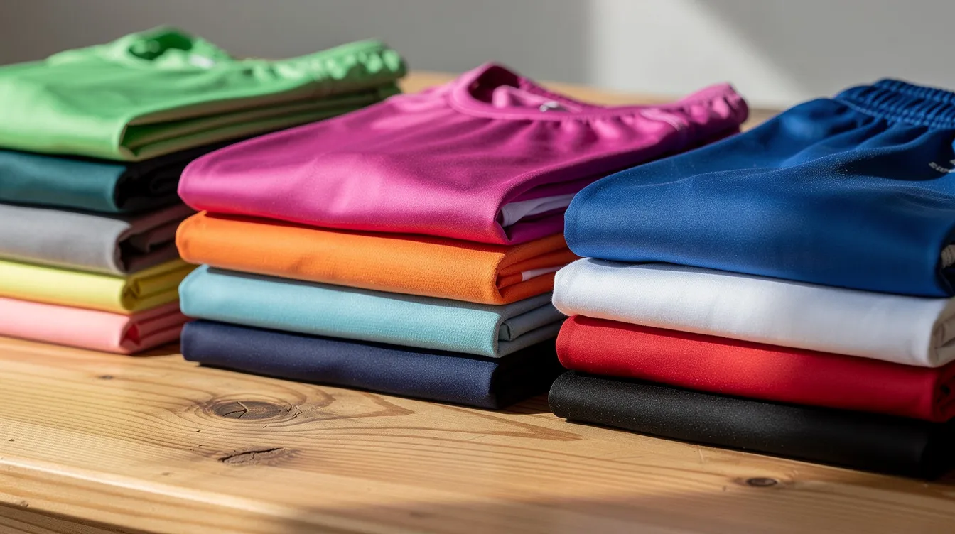 Die Nahaufnahme zeigt sorgfältig gefaltete Sportbekleidung in verschiedenen Farben auf einem Holztisch, ideal für Teamsport und Vereinskollektionen. Diese hochwertigen Textilien, wie Trikots und Trainingsanzüge, bieten eine große Auswahl für jeden Verein und jede Mannschaft.