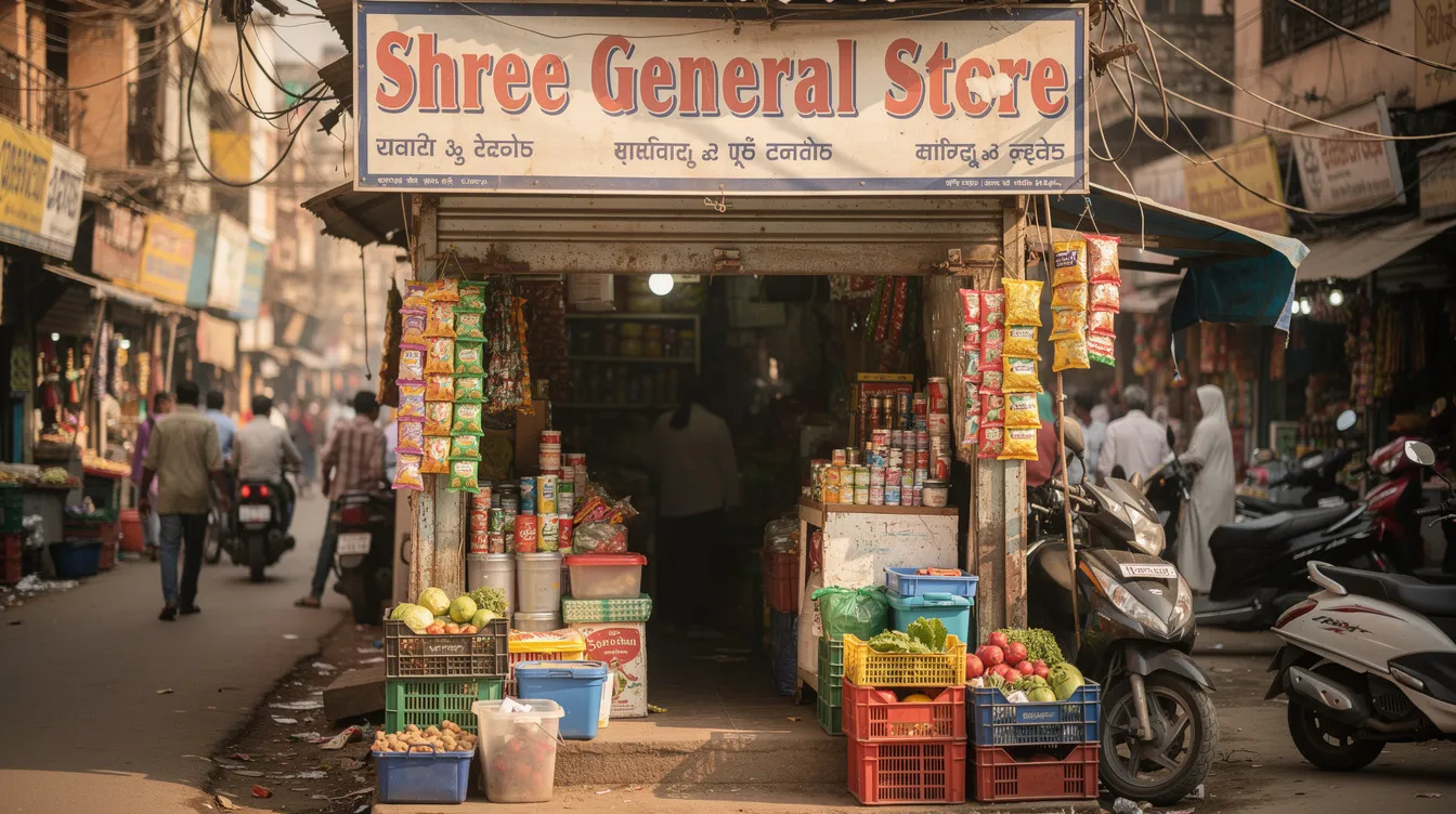 0494cc36 ac3b 41cb 8366 1156a4cbf234 The image shows a small Indian shop with an open shutter and a signboard, located in a bustling market lane filled with people and various goods. This vibrant scene reflects the local commerce environment, where customers may discuss financial services such as personal loans, verification processes, and required documents like income proof and address proof.