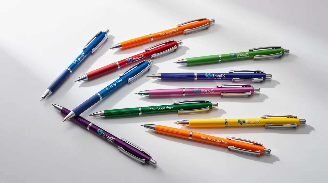 Na białym biurku rozsypane są kolorowe długopisy, które stanowią nietypowe gadżety reklamowe. Te praktyczne akcesoria z logo firmy mogą być świetnym podarunkiem na targi branżowe lub w kampaniach marketingowych.