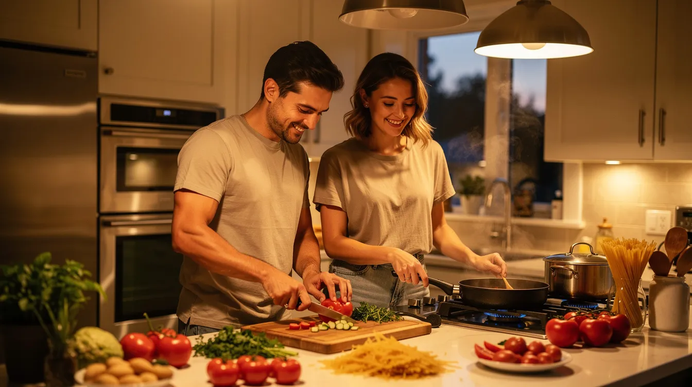 A couple is cooking dinner together in a cozy home kitchen, showcasing their emotional intimacy and mutual respect as they collaborate on a meal. This moment highlights the joy and fun of a romantic relationship, reflecting the deeper connection that often develops in the early stages of dating.