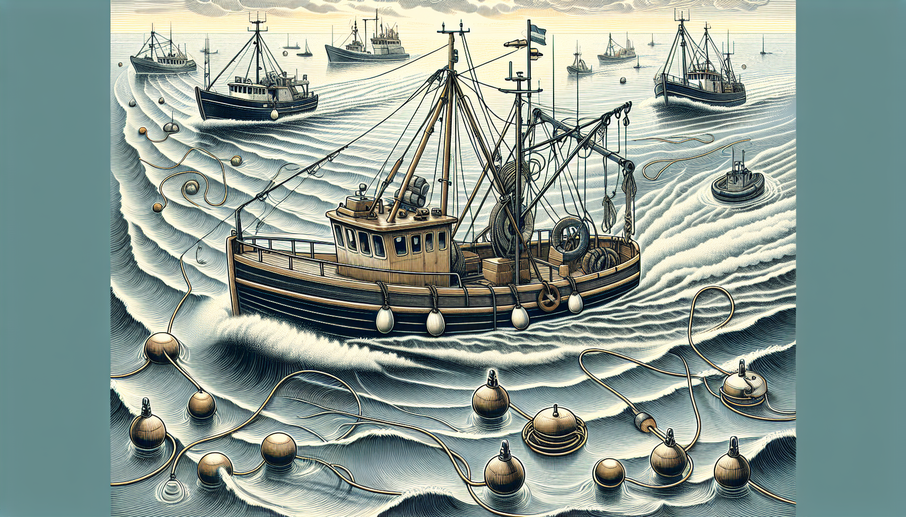 Illustration of a fishing boat on the water