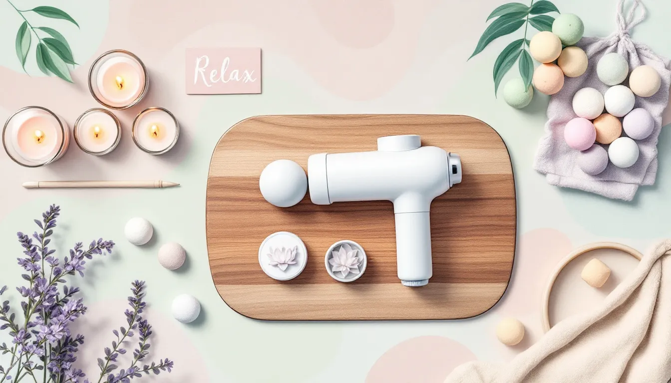 A serene setup of self-care and wellness gifts, including a massage gun and wellness products for thoughtful gifting.