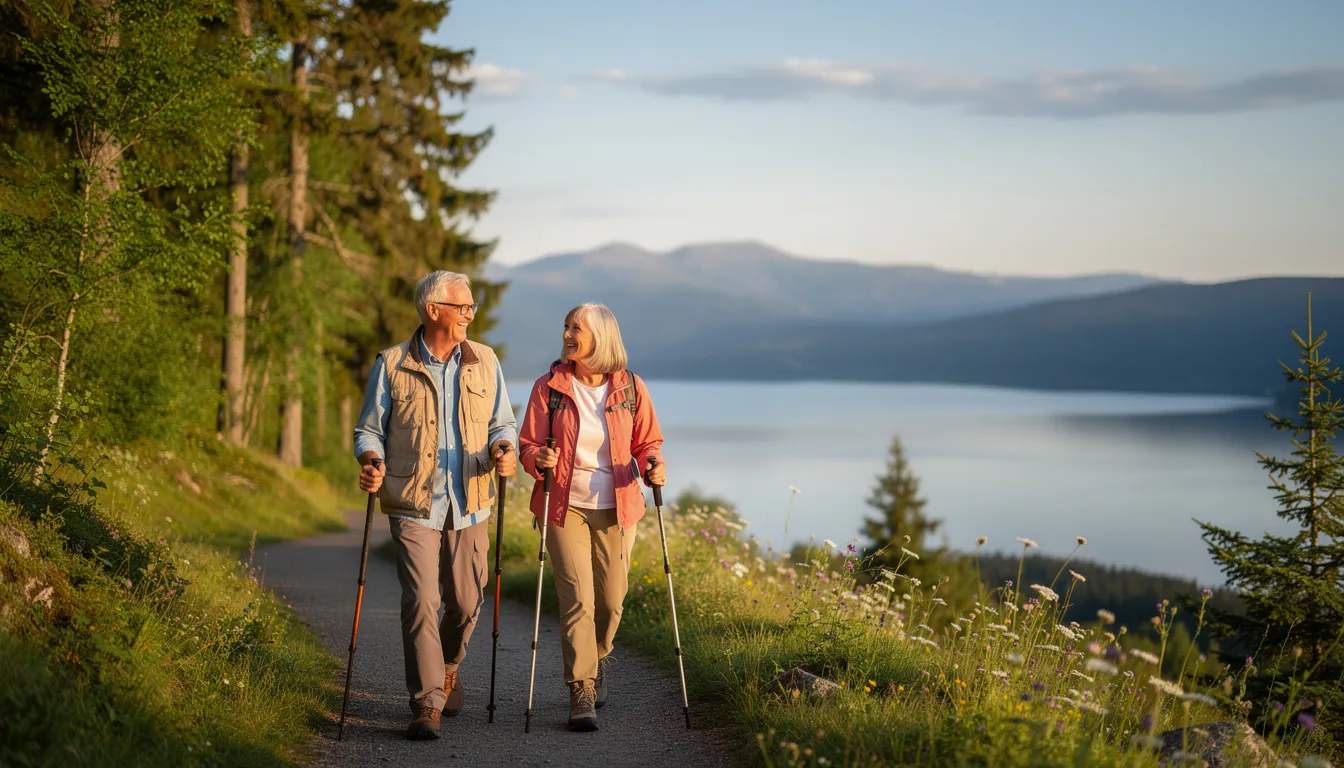 A happy retired couple is enjoying outdoor activities together in a picturesque natural setting, symbolizing the joy of a secure retirement. Their vibrant smiles reflect the benefits of careful retirement planning and the fulfillment of financial goals achieved through smart retirement investments.