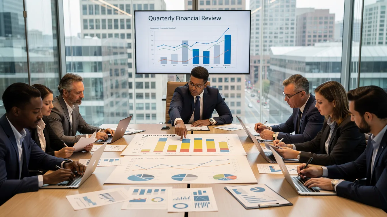 In a modern conference room, a group of entrepreneurs is intently reviewing various business financial documents, discussing strategies to reduce their taxable income and optimize their tax bill. They appear focused on identifying potential tax deductions and credits that could enhance their tax savings for the current tax year.