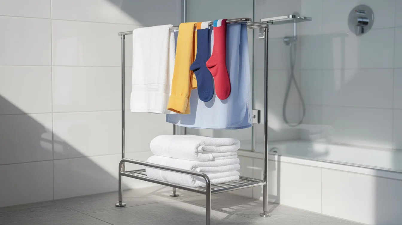 The image shows clothes hanging to dry on a towel rack in a bright hotel bathroom, suggesting a practical solution for travelers to keep their clothing clean and smelling fresh during a trip. The bright setting emphasizes the importance of drying clothes properly to avoid any unwanted odors in luggage.