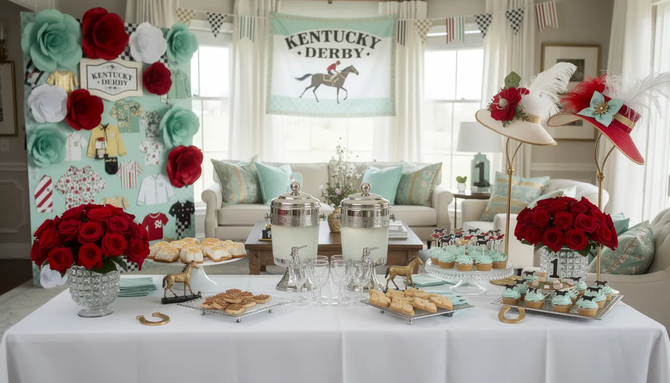 The image showcases vibrant Kentucky Derby party decorations, featuring elegant floral garlands adorned with striking red roses, stylish hats, and festive party supplies that create a fun atmosphere for guests. A beautifully set table includes mint julep glasses, enhancing the race day experience with a touch of southern charm.