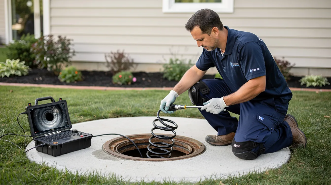 A professional plumber in work gear is kneeling next to an open residential cleanout access point, using inspection equipment to assess the plumbing system for potential sewer line issues, such as broken sewer pipes or signs of a clogged drain. The scene highlights the importance of professional sewer line inspection to prevent costly repairs and ensure proper drainage.