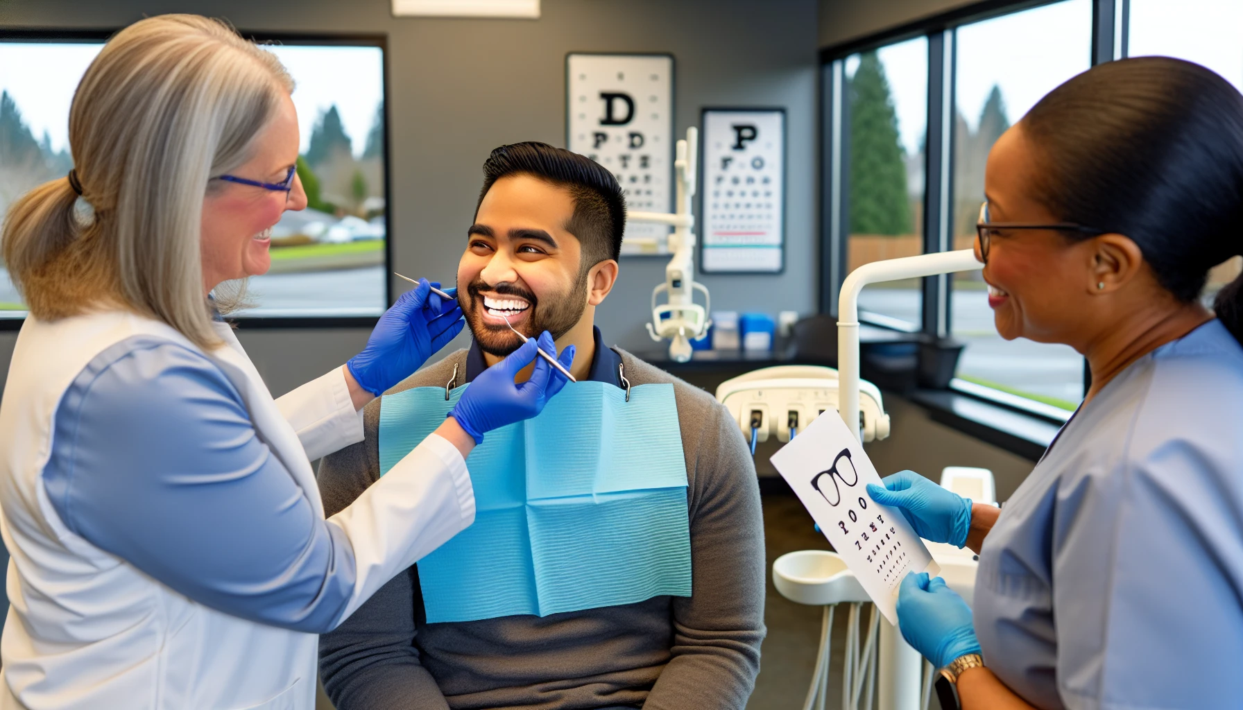 A smiling employee receiving a dental check-up and discussing vision benefits with a healthcare professional in Kirkland, WA.