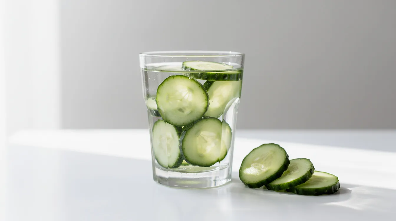 A glass of water sits on a clean, minimalistic table, accompanied by slices of fresh cucumber resting beside it. The image conveys a sense of refreshment and simplicity, perfect for those looking to hydrate while enjoying a light snack.