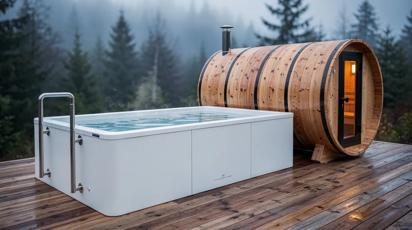 A modern purpose-built cold plunge tub is situated next to a wooden barrel sauna on an outdoor deck, showcasing an inviting setup for cold exposure therapy. The sleek design of the cold plunge tub contrasts with the rustic sauna, highlighting the benefits of alternating between hot and cold for reducing inflammation and enhancing overall well-being.