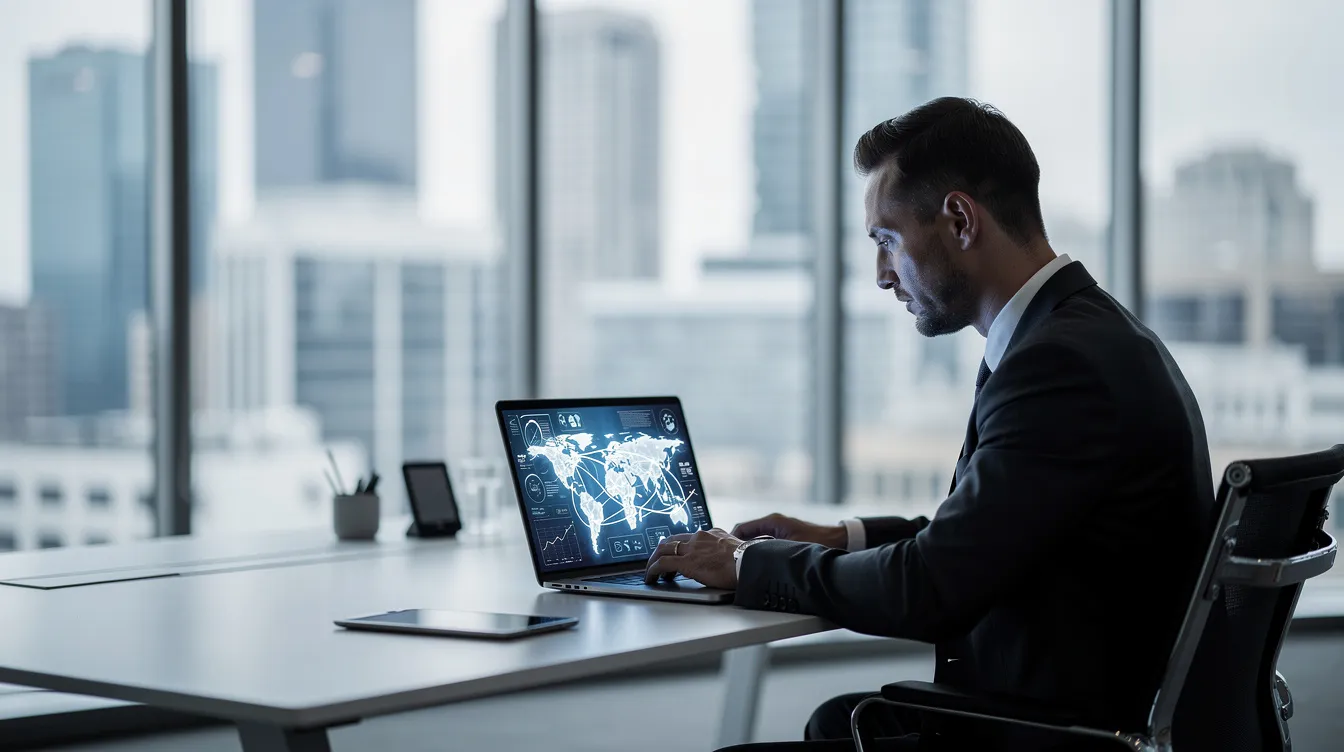 A professional is intently examining a laptop screen displaying a world map with data connection lines, set in a modern office environment. The image conveys a sense of global connectivity and the role of elected representatives in addressing diverse issues within the European Union and its member states.