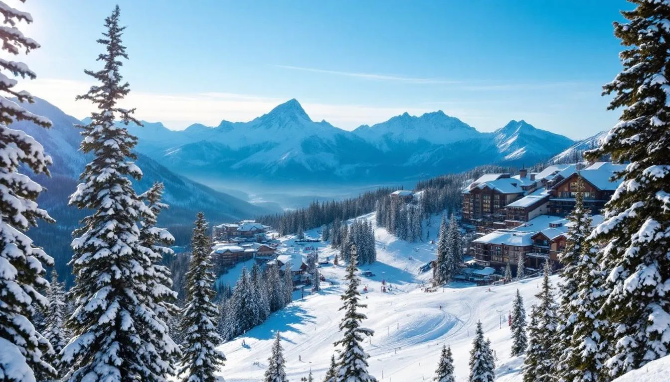 The image depicts the snow-covered Brian Head Resort, surrounded by tall pine trees and majestic mountain peaks in the background, showcasing the beauty of winter in Southern Utah. This picturesque scene highlights the resort's status as the highest resort town in America, inviting families to enjoy diverse recreational opportunities in nature.