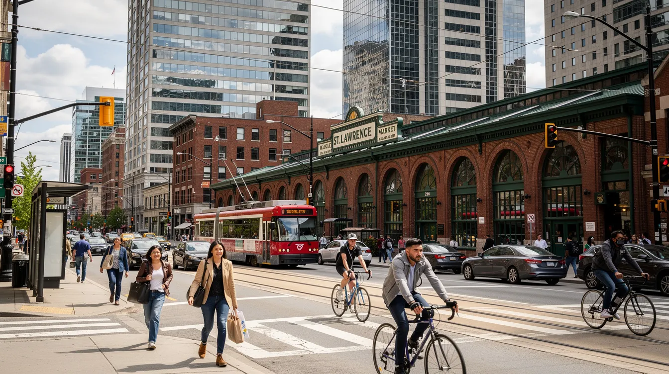 The image depicts a bustling downtown Toronto street featuring a historic market building surrounded by pedestrians. The scene captures the vibrant atmosphere of the financial district, with people walking near notable landmarks like Union Station and the Church Yonge corridor.