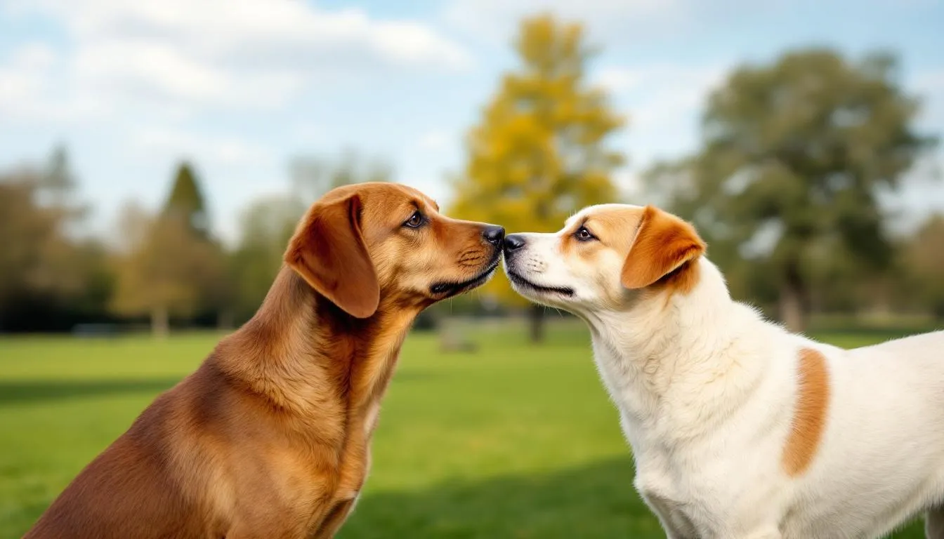 In a vibrant park setting, two friendly dogs, a male and a female, are engaged in natural dog behavior as they sniff each other