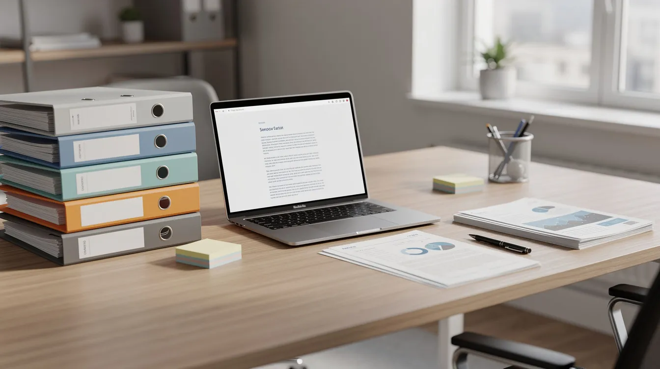 04b4ed26 6709 4a36 95a7 3d4238b5c5a9 The image depicts a well-organized office desk featuring a laptop, neatly arranged files, and documents prepared for review, creating an efficient workspace for managing financial assistance applications, such as mudra loans for micro enterprises. This setup reflects a professional environment ideal for eligible borrowers seeking to demonstrate their satisfactory credit track record.