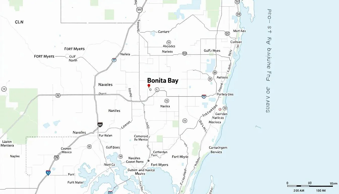 The image is a location map highlighting Bonita Bay's position between Naples and Fort Myers along the Gulf Coast, showcasing its proximity to amenities such as the Bonita Bay Club, private beach parks, and championship golf courses. This prime location emphasizes the community's access to beautiful waterfront parks and resort-style living in Bonita Springs, Florida.