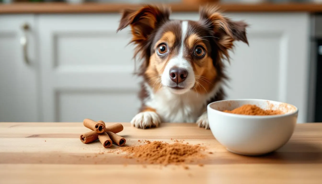 A curious dog sits on a kitchen counter next to cinnamon sticks and cinnamon powder, highlighting the potential health benefits and risks of cinnamon in a dog